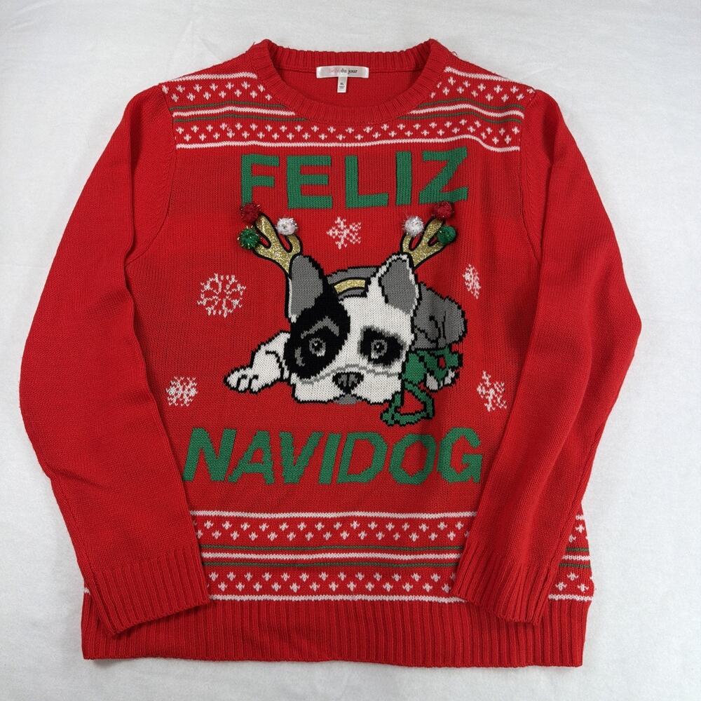 Belle Du Jour Christmas Sweater XL Red Feliz Navidog Frenchie Reindeer Antlers